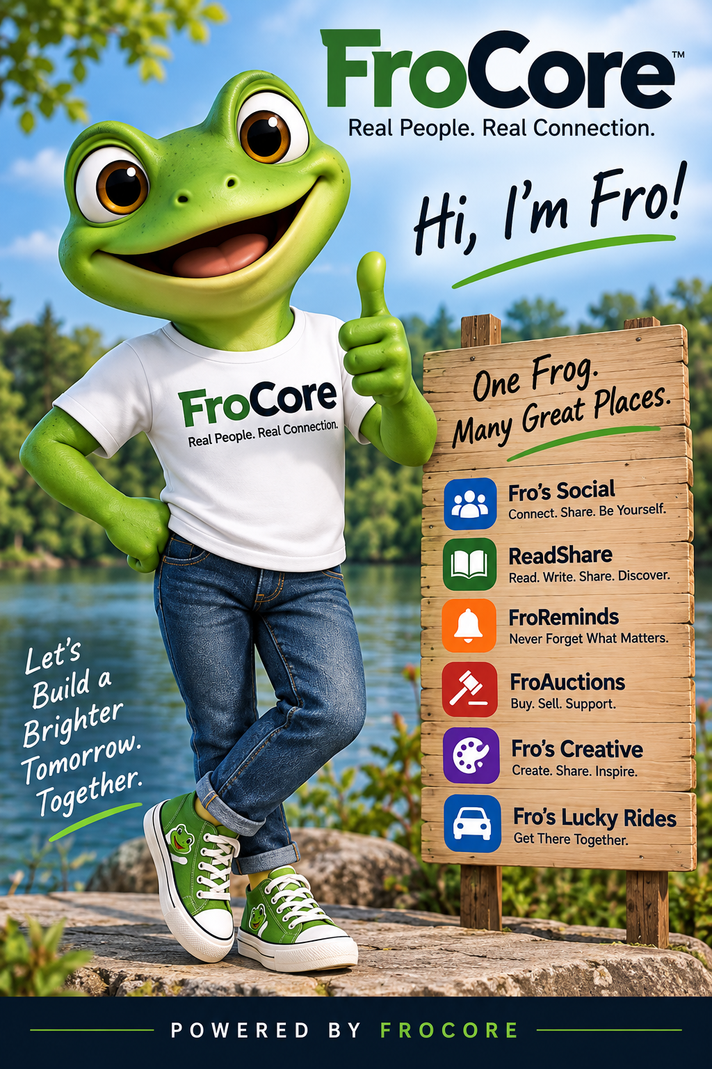 Fro, the FroCore frog spokesman, beside a sign showing FroCore platforms